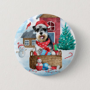 Schnauzer Dog im Schnee Weihnachtshundehaus Button