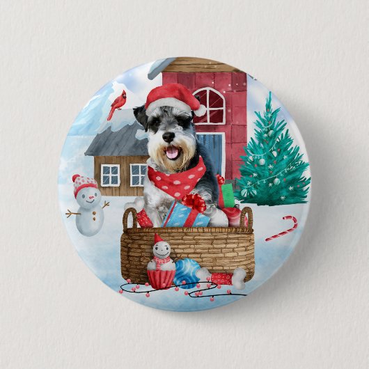 Schnauzer Dog im Schnee Weihnachtshundehaus Button (Vorderseite)
