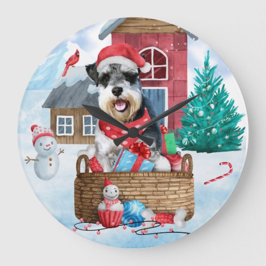 Schnauzer Dog im Schnee Weihnachtshundehaus Große Wanduhr (Vorderseite)