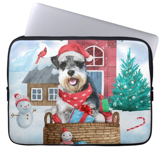 Schnauzer Dog im Schnee Weihnachtshundehaus Laptopschutzhülle (Vorderseite)