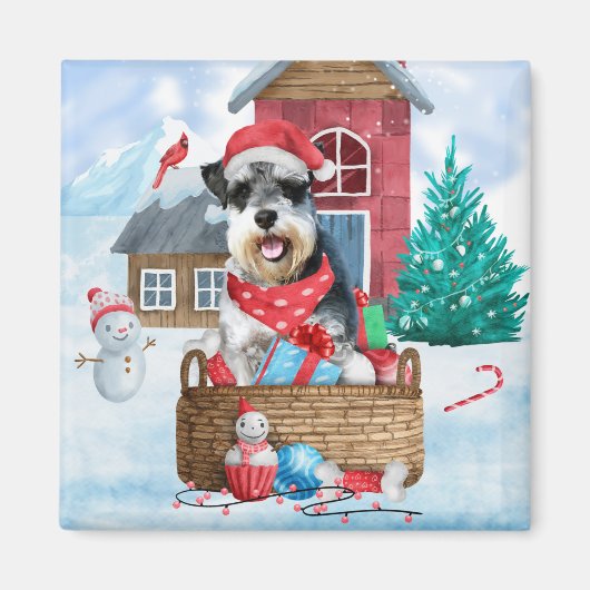 Schnauzer Dog im Schnee Weihnachtshundehaus Magnet (Vorne)