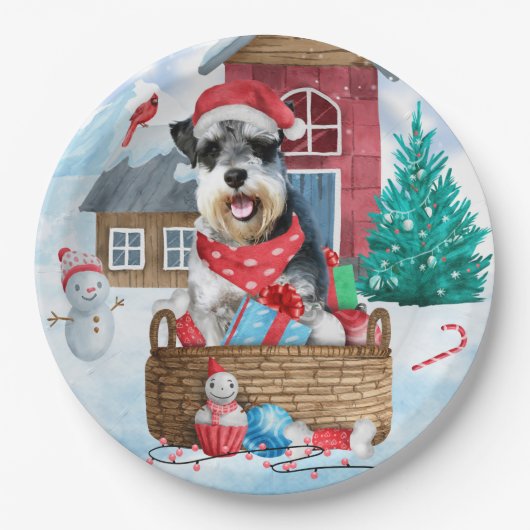 Schnauzer Dog im Schnee Weihnachtshundehaus Pappteller (Vorderseite)