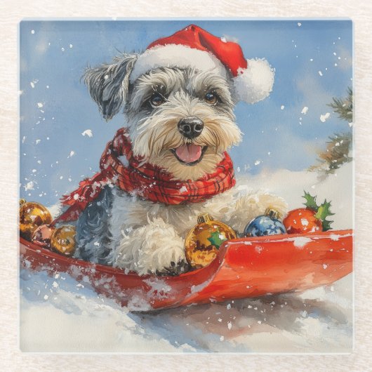 Schnauzer Dog in Sledge Lass es Schnee Weihnachten Glasuntersetzer (Vorderseite)