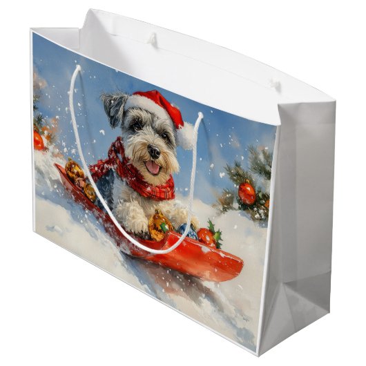 Schnauzer Dog in Sledge Lass es Schnee Weihnachten Große Geschenktüte (Rückseite Schrägansicht)