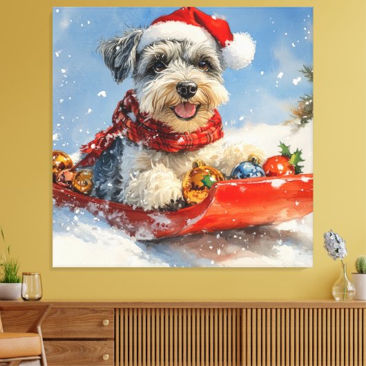 Schnauzer Dog in Sledge Lass es Schnee Weihnachten Leinwanddruck (Insitu (Wohnzimmer))