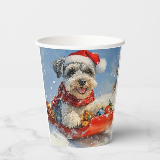 Schnauzer Dog in Sledge Lass es Schnee Weihnachten Pappbecher (Rückseite)