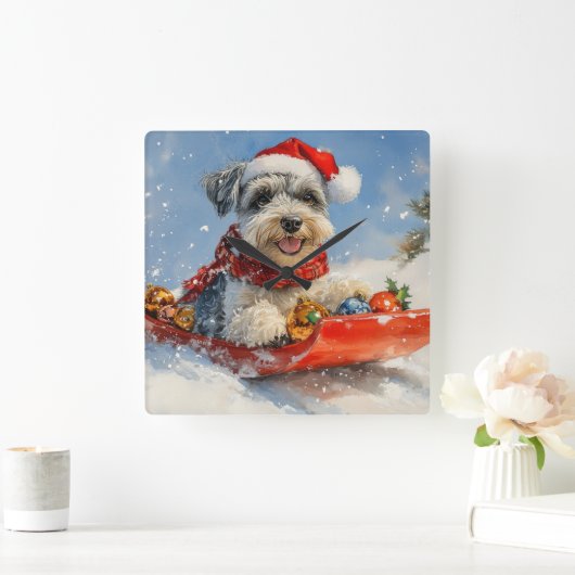 Schnauzer Dog in Sledge Lass es Schnee Weihnachten Quadratische Wanduhr (Zuhause)