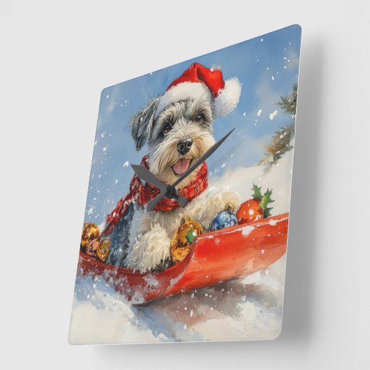 Schnauzer Dog in Sledge Lass es Schnee Weihnachten Quadratische Wanduhr (Winkel)
