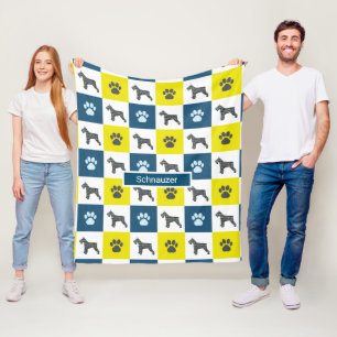 Schnauzer Dog & Paw Print Yellow Grid Silhouette Fleecedecke