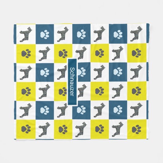 Schnauzer Dog & Paw Print Yellow Grid Silhouette Fleecedecke (Vorderseite (Horizontal))
