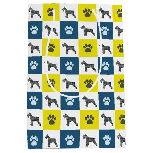 Schnauzer Dog & Paw Print Yellow Grid Silhouette Mittlere Geschenktüte (Vorderseite)