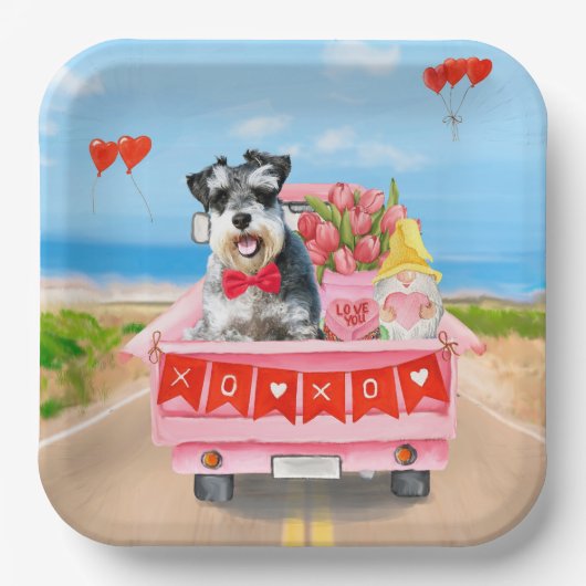 Schnauzer Dog Valentine's Day Lkw Herz Pappteller (Vorderseite)
