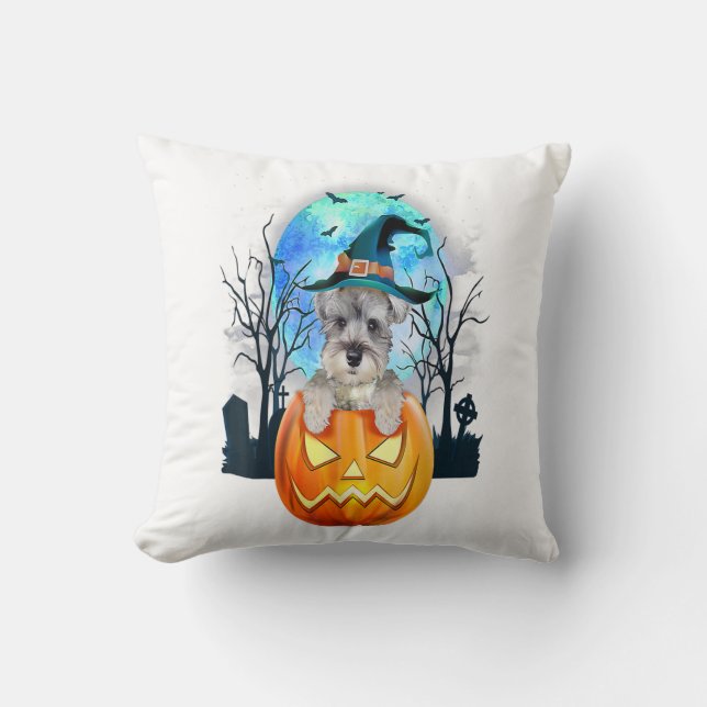Schnauzer Dog Witch Hat Halloween Pumpkin Gift Kissen (Vorderseite)