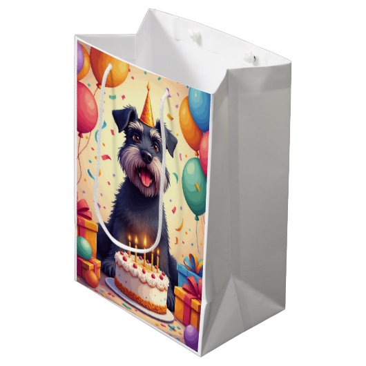 Schnauzer Geburtstagsfeier Mittlere Geschenktüte (Vorderseite Schrägansicht)