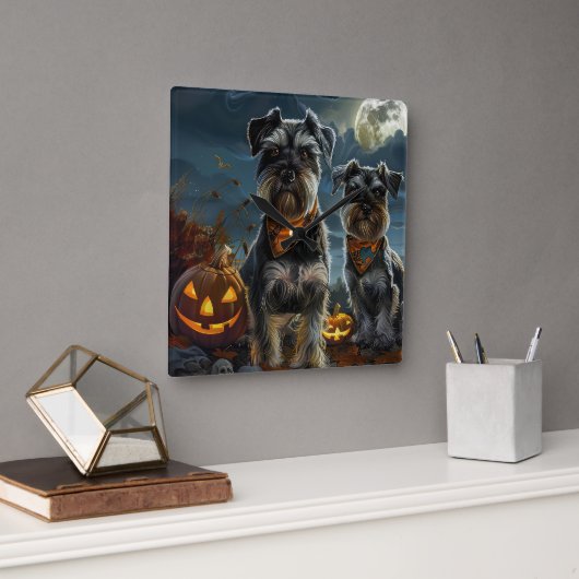 Schnauzer Halloween Spooky Quadratische Wanduhr (Büro)