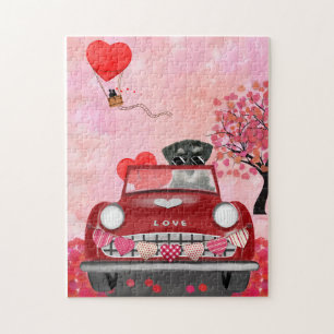 Schnauzer-Hund Auto mit Herzen Valentinstag Puzzle