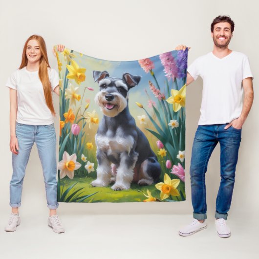 Schnauzer-Hund-Frühlingsblumen-Malerei Fleecedecke (Beispiel)