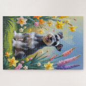 Schnauzer-Hund Frühlingsblumen Malerei Puzzle (Horizontal)