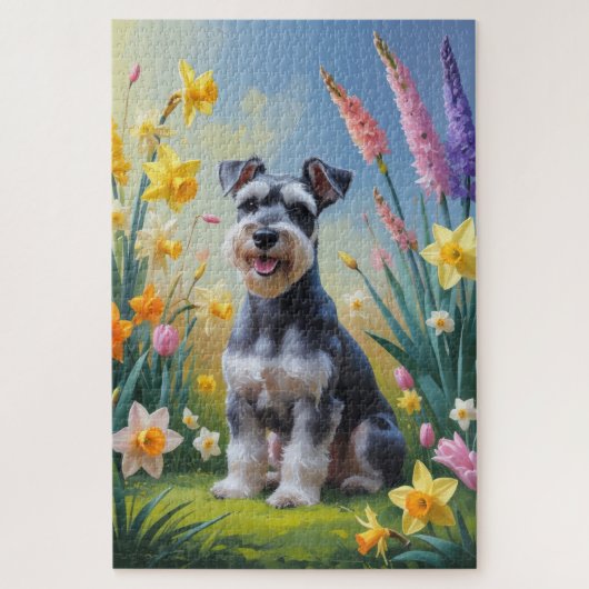Schnauzer-Hund Frühlingsblumen Malerei Puzzle (Vertikal)