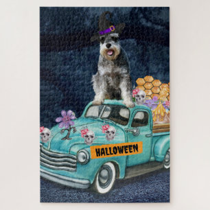 Schnauzer-Hund Halloween-LKW Gruselige Nacht  Puzzle