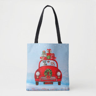 Schnauzer-Hund im Auto mit dem Weihnachtsmann Tasche