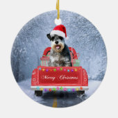 Schnauzer Hund im Schnee sitzen im Weihnachtswagen Keramik Ornament (Hinten)