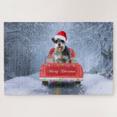 Schnauzer Hund im Schnee sitzen im Weihnachtswagen Puzzle (Horizontal)