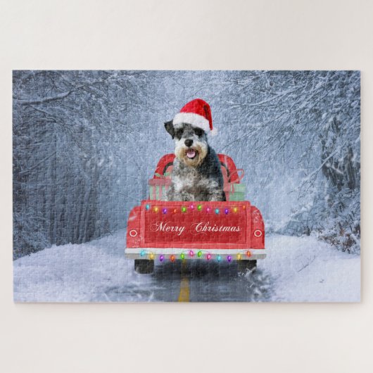 Schnauzer Hund im Schnee sitzen im Weihnachtswagen Puzzle (Horizontal)
