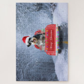 Schnauzer Hund im Schnee sitzen im Weihnachtswagen Puzzle (Vertikal)