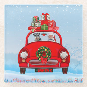 Schnauzer Hund in Auto mit dem Weihnachtsmann Glasuntersetzer