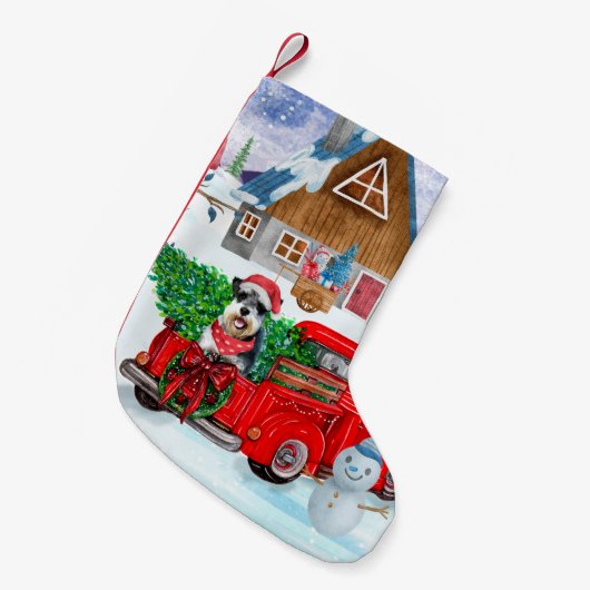 Schnauzer Hund in Weihnachten LKW Schnee Kleiner Weihnachtsstrumpf (Vorderansicht (hängend))