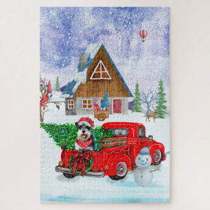 Schnauzer Hund in Weihnachten LKW Schnee Puzzle