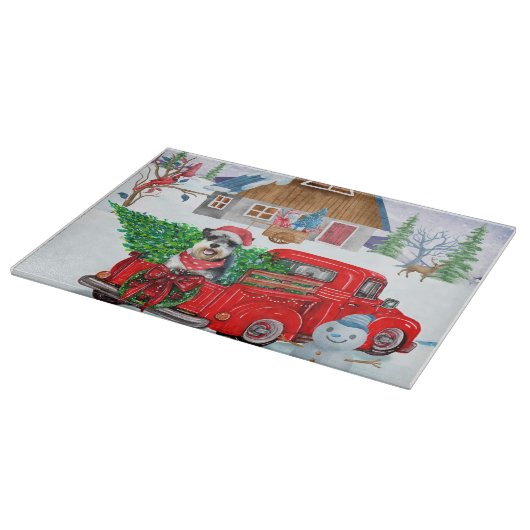 Schnauzer Hund in Weihnachten LKW Schnee Schneidebrett (Ecke)