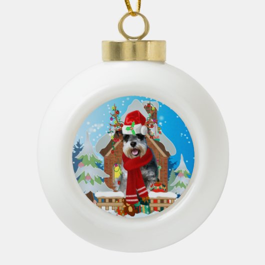 Schnauzer Hund mit Weihnachtsgeschenken Keramik Kugel-Ornament (Vorderseite)