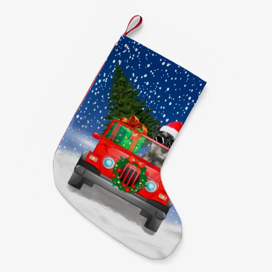 Schnauzer Hund mit Weihnachtsgeschenken Kleiner Weihnachtsstrumpf (Vorderansicht (hängend))