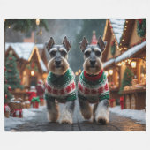 Schnauzer Hunde Weihnachten Schnee Urlaub Fleecedecke (Vorderseite (Horizontal))