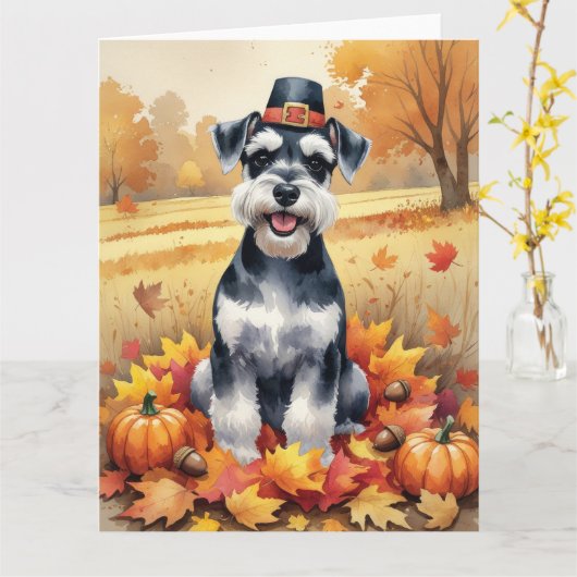 Schnauzer im Herbst hinterlässt Erntedank Art Karte (Gelbe Blume)
