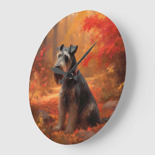Schnauzer im Herbst Leaves Fall Inspiriert Große Wanduhr (Winkel)