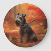 Schnauzer im Herbst Leaves Fall Inspiriert Große Wanduhr (Vorderseite)