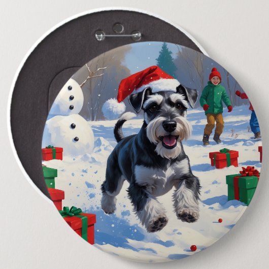 Schnauzer läuft im Schnee mit Weihnachtshut Button (Vorne & Hinten)