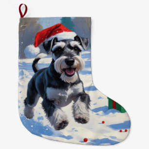 Schnauzer läuft im Schnee mit Weihnachtshut Großer Weihnachtsstrumpf