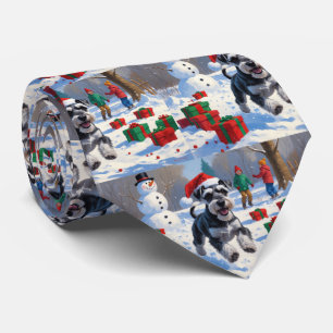 Schnauzer läuft im Schnee mit Weihnachtshut Krawatte