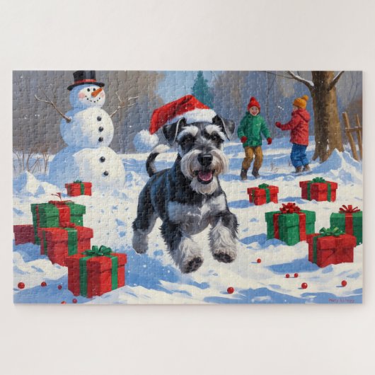 Schnauzer läuft im Schnee mit Weihnachtshut Puzzle (Horizontal)