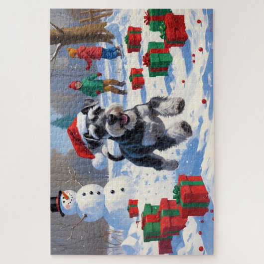 Schnauzer läuft im Schnee mit Weihnachtshut Puzzle (Vertikal)