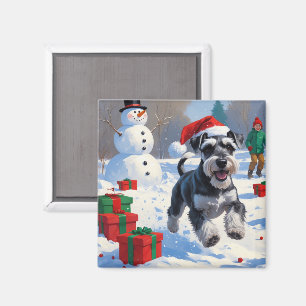 Schnauzer läuft im Schnee mit Weihnachtsmütze Magnet