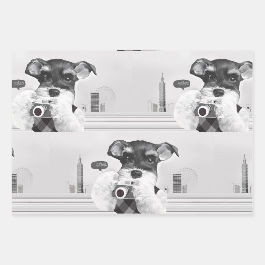 Schnauzer mit Kamera Geschenkpapier Set (Vorderseite)