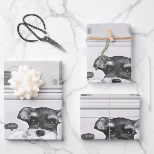 Schnauzer mit Kamera Geschenkpapier Set (Vorderseite)