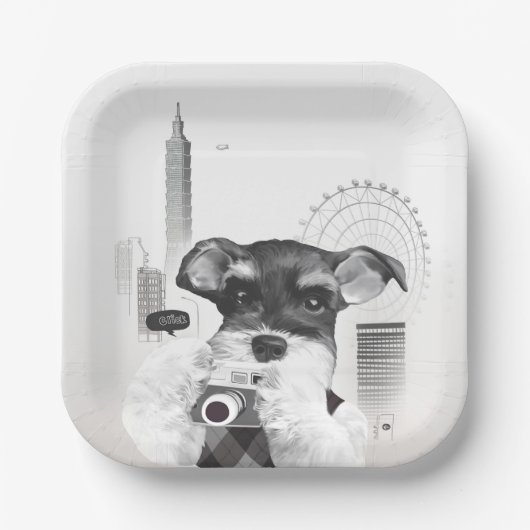 Schnauzer mit Kamera Pappteller (Vorderseite)