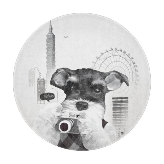 Schnauzer mit Kamera Schneidebrett (Vorderseite)