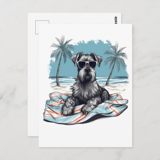 Schnauzer mit Sonnenbrille am Strand Postkarte (Vorne/Hinten)